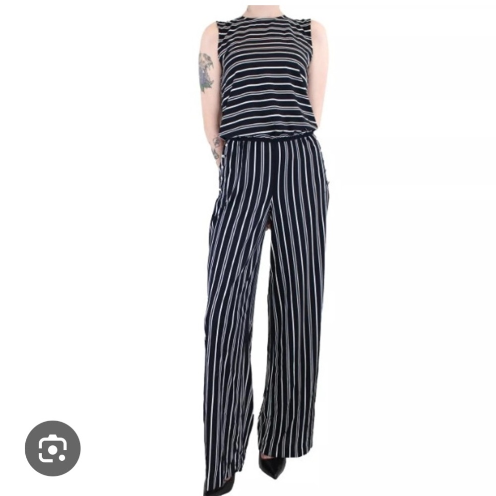 NWOT Ralph Lauren Black and White Striped Jumpsuit with Wide-Leg Design